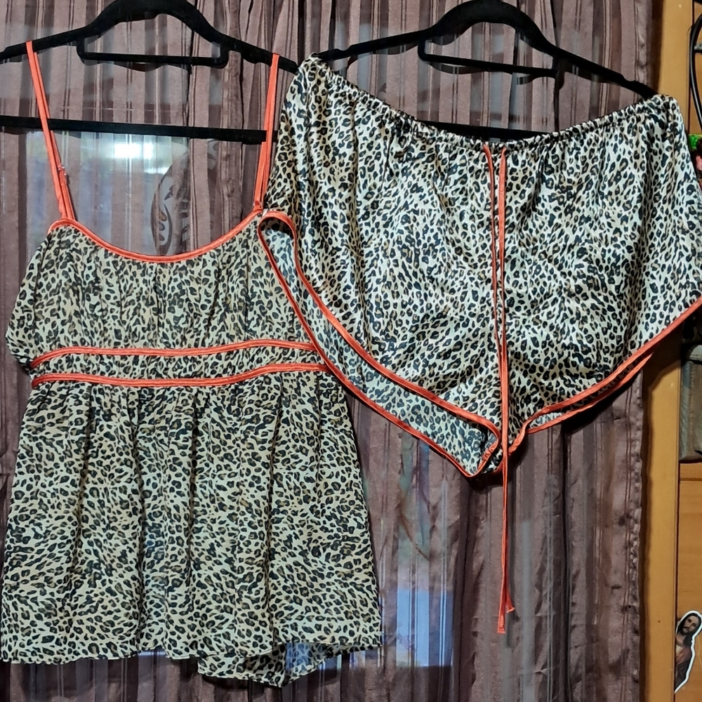 Secret Treasures Leopard Print Pajama Set with Bright Orange Trim